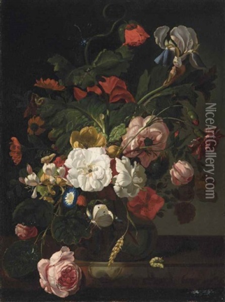 Roses, Carnations, Poppies, Morning Glories, And Other Flowers In A Glass Vase, On A Stone Ledge With A Worm Oil Painting - Rachel Ruysch