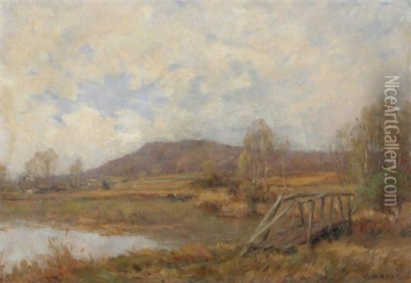 River Landscape With A Wooden Bridge Oil Painting - Jean Eugene Julien Masse