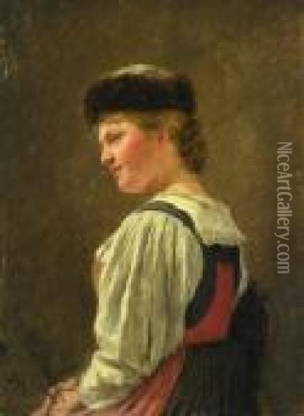 Darstellung Einer Jungen Frau 
Auf Einem Hocker Sitzend. Die Kopfbedeckung Mit Pelzbesatz In Dirndl. Oil Painting - Hugo Kauffmann