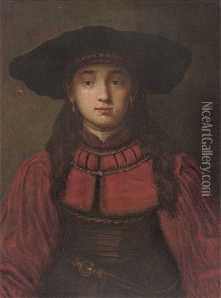 Portrait Of A Girl In A Cap And Red Dress Oil Painting -  Rembrandt van Rijn