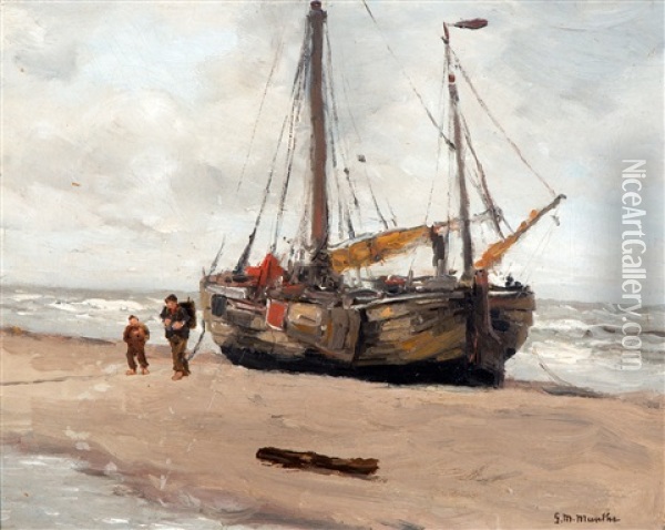 Vissers Bij Bomschuit Op Het Strand Oil Painting - Gerhard Arij Ludwig Morgenstjerne Munthe
