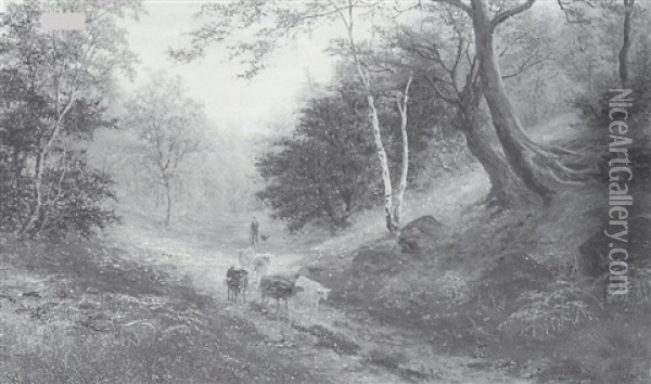 Cattle And Drover On A Woodland Path Oil Painting - William Mellor