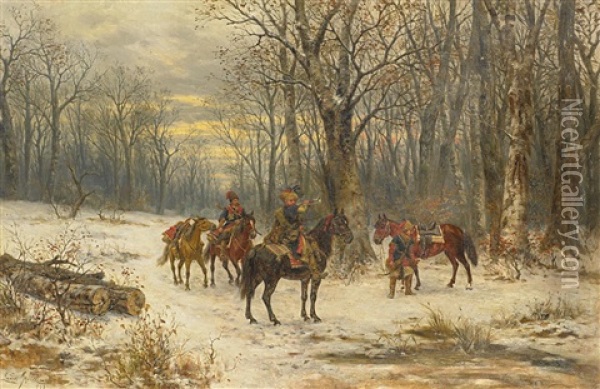 Polnische Husaren Und Meldereiter Im Winterwald Oil Painting - Ludwig Gedlek