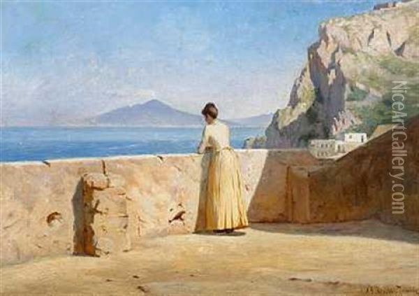 Ung Kvinde Nyder Udsigten Over Middelhavet Og Vesuv Oil Painting - Niels Frederik Schiottz-Jensen