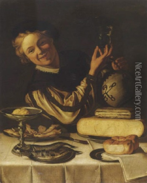 Junge Mit Krug Und Glas Hinter Einem Gedeckten Tisch Oil Painting - Christian van Couwenbergh