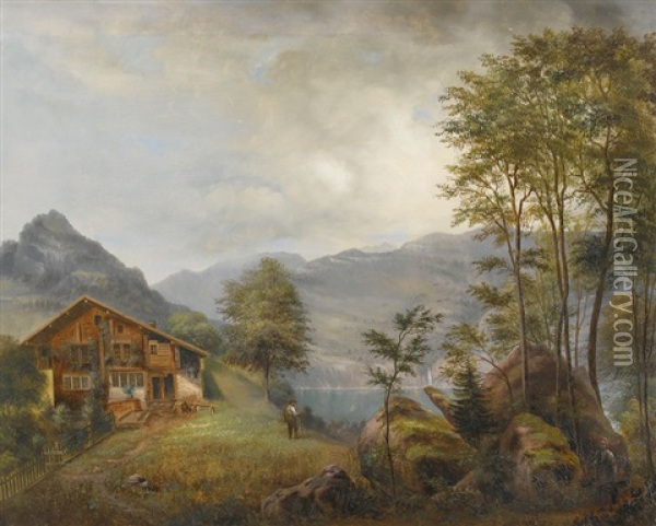 Sommerliche Uferpartie Im Gebirge Oil Painting - Johann Salomon Wild