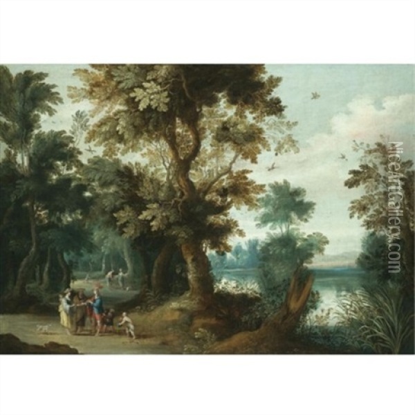 Wooded River Landscape With A Fortune Teller Oil Painting - Jasper van der Laanen