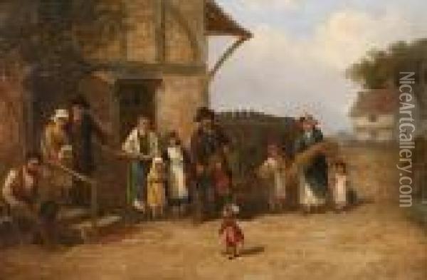 The Itinerant Organ Grinder With His Performing Monkey Entertaining A Small Audience Oil Painting - Thomas Smythe