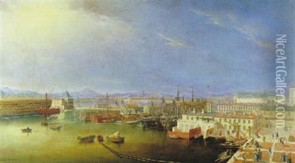 Vue Des Installations Portuaires De Toulon: La Darse Vieille Et La Darse Neuve Oil Painting - Jules Senequier