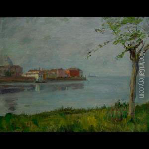Evening Lake Scene With Buildings Oil Painting - Goth Moricz