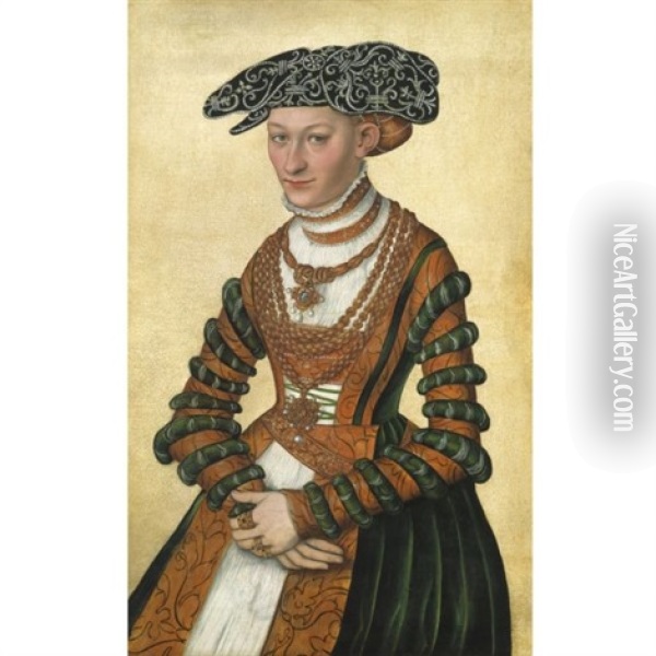 Portrait Of A Lady, In A Green Velvet And Orange Dress And A Pearl-embroidered Black Hat Oil Painting - Lucas Cranach the Younger