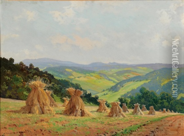 Alpine Foothills In The Waldviertl, With Hay Stacks Near Maria Taferl Oil Painting - Hugo Darnaut