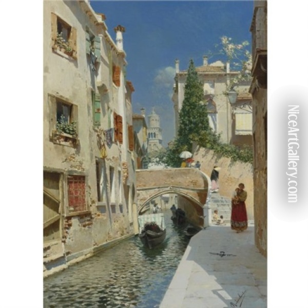 Venetian Canal With The Campanile Of The Frari In The Distance Oil Painting - Rubens Santoro