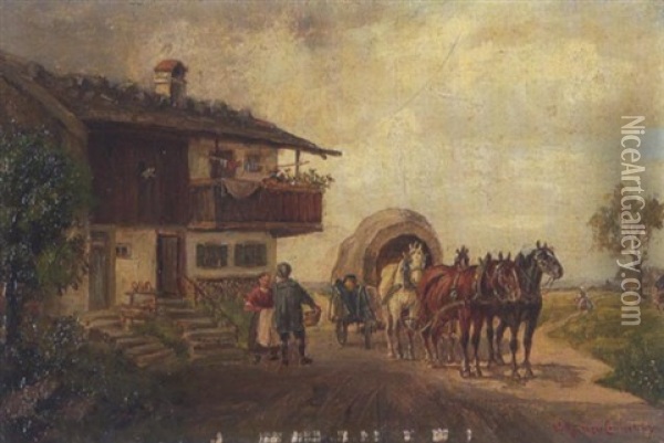 Vierspanniger Planwagen Vor Einem Bauernhaus Oil Painting - Ludwig Mueller-Cornelius
