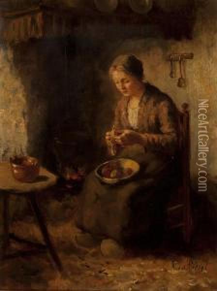 The Peeling Of The Potatoes Oil Painting - Adolf-Julius Berg