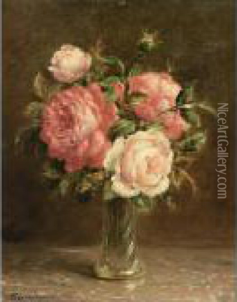 A Still Life Of Pink Roses Oil Painting - Otto Eerelman