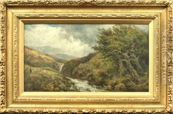 Mountains With Waterfall And Hiker Oil Painting - Charles Harold Davis