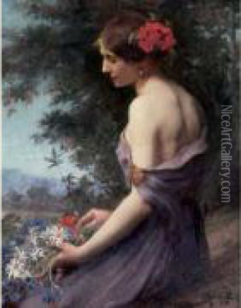 Jeune Femme Au Bouquet De Fleurs Oil Painting - Ludovico Marchetti