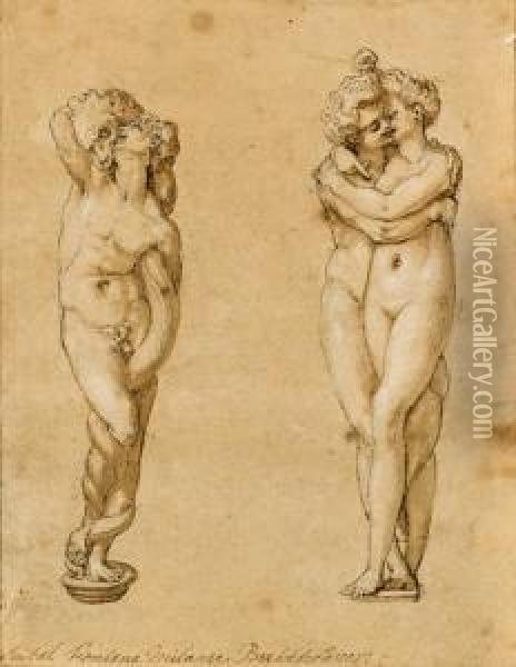 Two Studies For Knife Handles: A
 Snake Intertwined With A Man And Acouple Embracing (recto); Samson 
Breaking The Lion's Jaw(verso) Oil Painting - Rancesco De' Rossi (see Salviati, Cecchino Del)