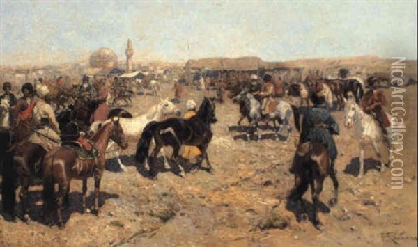 The Horse Market Oil Painting - Franz Roubaud