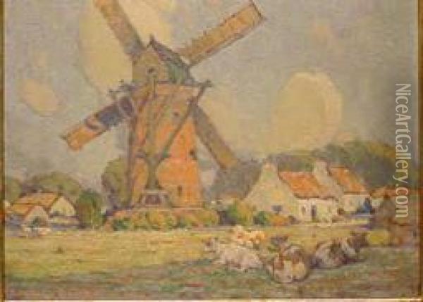 Cows Resting Beside A Windmill Oil Painting - Charles Basing