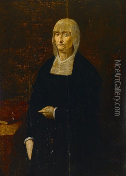 A Portrait Of An Elderly Woman, Three-quarter Length, Standing By A Table Oil Painting - Bartolomeo Passarotti