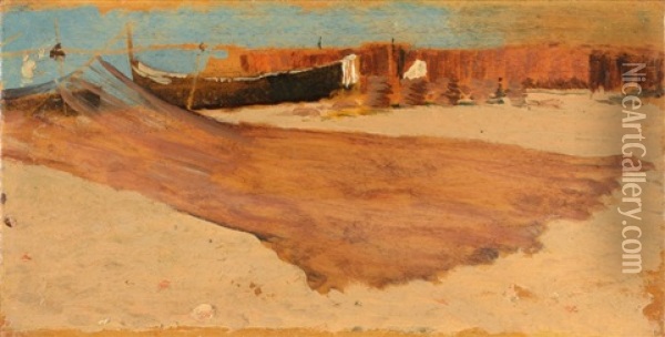 Plage Et Bateau, Circa 1866 Oil Painting - Giuseppe de Nittis