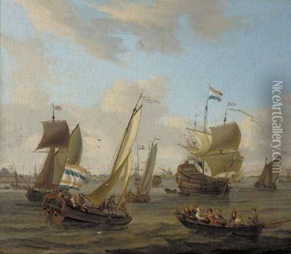 Shipping On The Ij Off Amsterdam With A Smalschip, A Dutch Man-o'-war, And Other Vessels Oil Painting - Abraham Storck