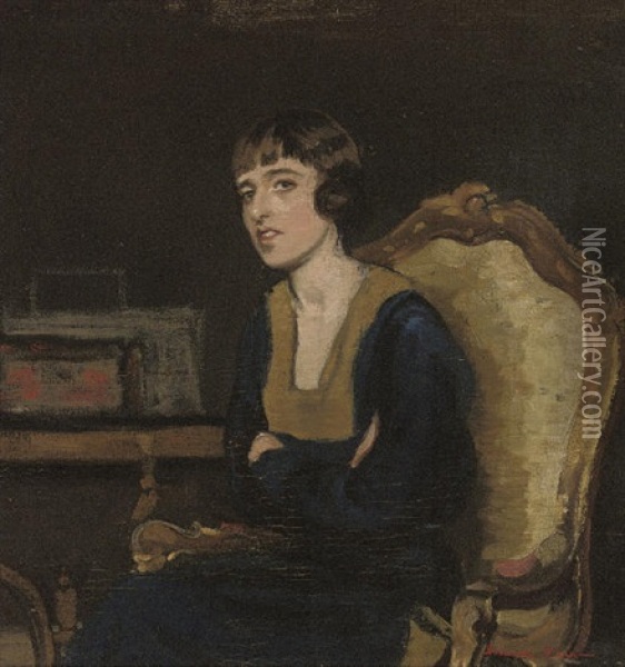 Portrait Of The Artist's Sister, In A Black Dress Oil Painting - Harrington Mann