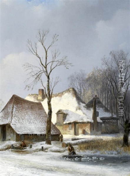 Boerderij In De Winter Oil Painting - Andreas Schelfhout