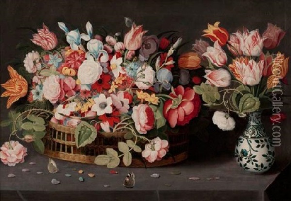 Nature Morte Au Bouquet De Fleurs Dans Un Vase Wan Li Et Corbeille De Fleurs Sur Un Entablement Oil Painting - Osias Beert the Elder