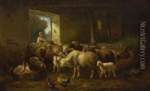 Schafe Und Huhner Im Stall Oil Painting - Louis (Ludwig) Reinhardt