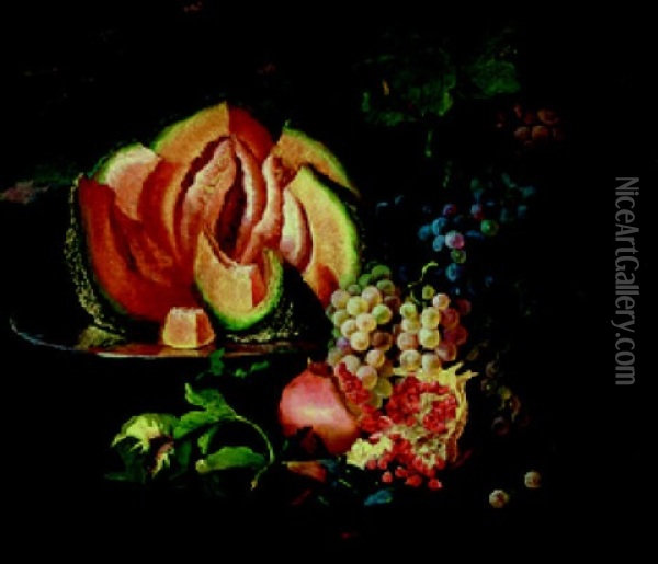 Fruchtestilleben Mit Aufgeschnittener Melone, Weisen Und Blauen Trauben, Granatapfeln Und Feigen Oil Painting - Andrea Belvedere
