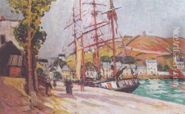 Trois-mats A Quai - Les Voiles Rouges Oil Painting - Emile Alfred Dezaunay