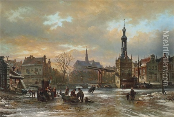 Figures Skating On The Ice With The St. Bavo Church In The Background, Haarlem Oil Painting - Elias Pieter van Bommel