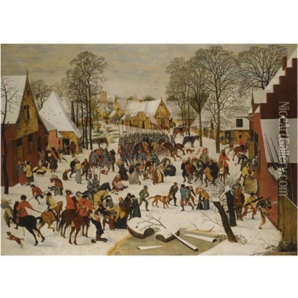 A Flemish Village In Winter With The Massacre Of The Innocents Oil Painting - Pieter Brueghel the Younger