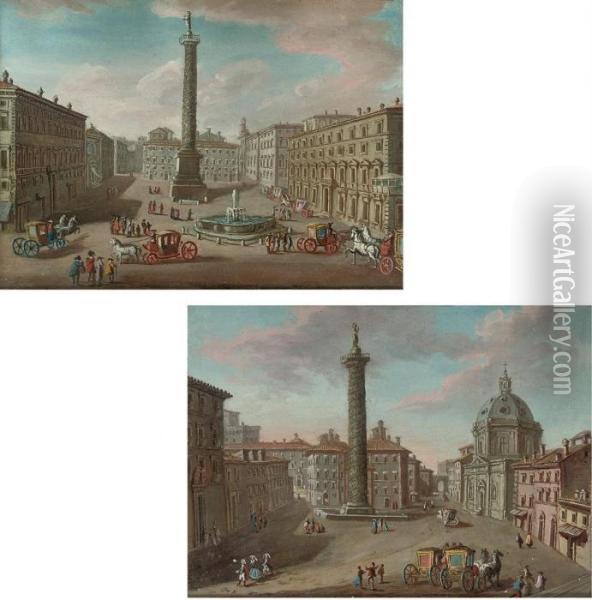 A View Of The Piazza Colonna, 
Rome, With The Column Antoninus; And A View Of The Piazza Colonna, Rome,
 With Trajan's Column And Santa Maria Di Loreto Oil Painting - Hendrik Frans Van Lint