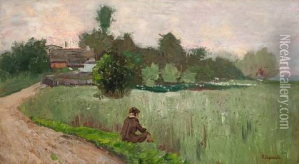 Vor Dem Dorfe - Knabe Am Feldrand Oil Painting - Karl Hagemeister
