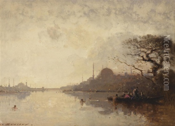 A View Of The Bosphorus With Hagia Sophia, Constantinople Oil Painting - Henri Duvieux