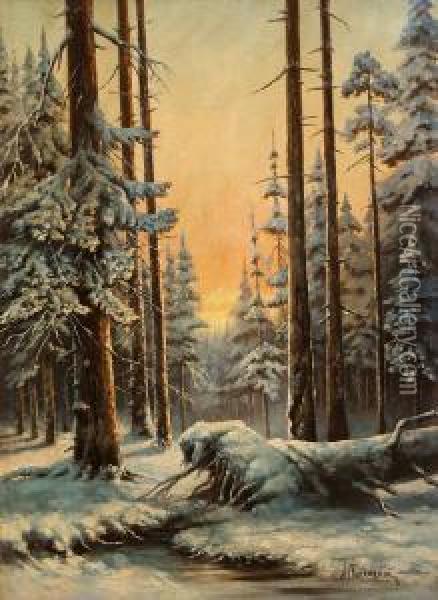 Solnedgang I Vinterlandskap Oil Painting - Aleksey Alexandrov. Pisemsky