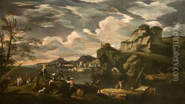 Paesaggio Costiero Con Pescatori E Soldati Persso Una Riva Rocciosa Oil Painting - Jacob De Heusch