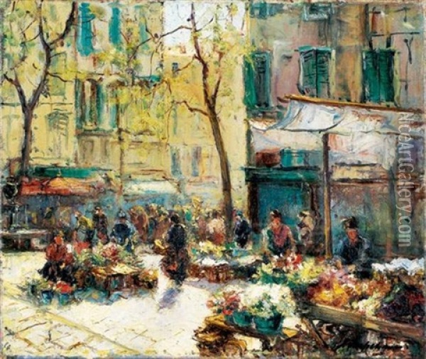 Le Marche Aux Fleurs Oil Painting - Georgi Alexandrovich Lapchine