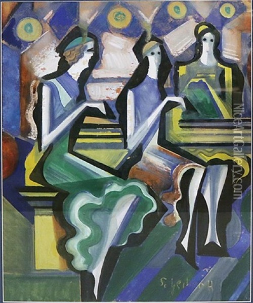 Drei Frauen In Blau Oil Painting - Hugo Scheiber