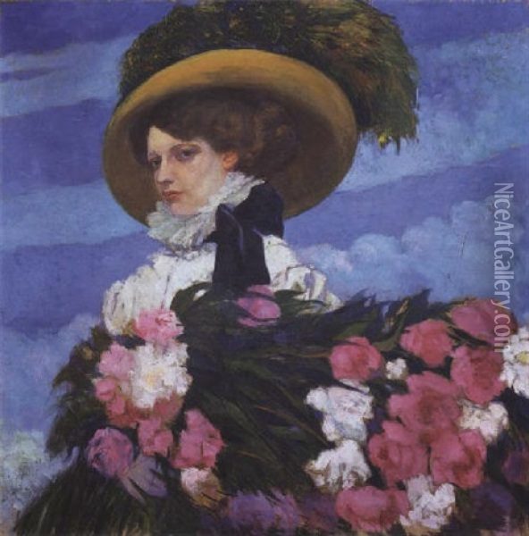 Femme Au Bouquet De Pivoines Oil Painting - Umberto Brunelleschi