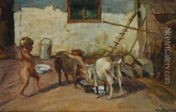 In The Yard Oil Painting - Karel Nejedly