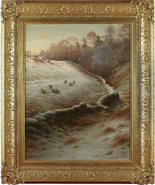 Sheep Grazing In A Snow Covered Landscape Oil Painting - Joseph Farquharson