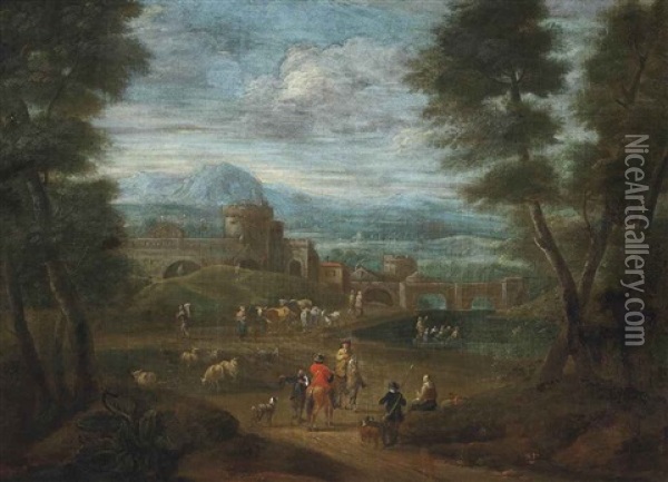 An Extensive River Landscape With Travellers Outside A Fortified Town Oil Painting - Adriaen Frans Boudewyns the Elder