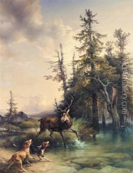 Hunde Stellen Einen Hirschen Im Wasser Oil Painting - Friedrich Gauermann