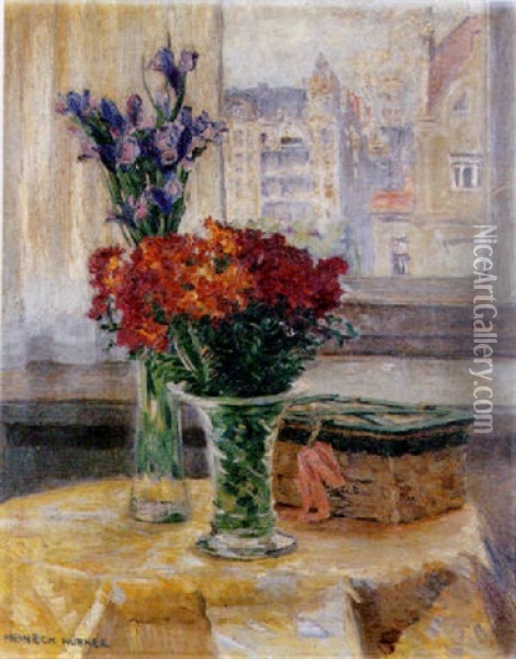 Still Life Of Flowers In Two Vases Oil Painting - Heinrich (Ed. Julius H.) Huebner
