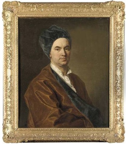 Portrait Of A Gentleman In A Brown-lined Gown And Blue Velvet Cap Oil Painting - George Knapton